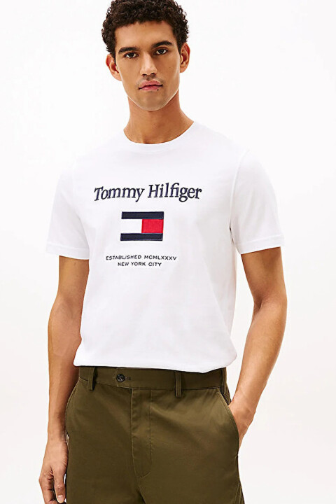 Erkek Nakışlı Bayrak Logolu T-Shirt - Beyaz - Tommy Hilfiger