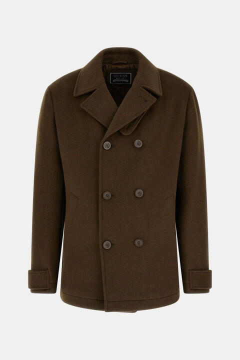 Erkek Normal Kalıp Kruvaze Yün Karışımlı Kaban - Kahverengi - Guess