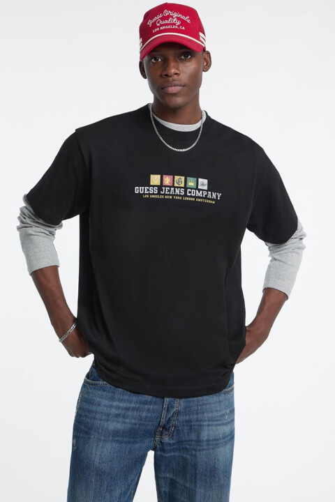 Erkek Oversize Fit Desen Baskılı Bisiklet Yaka T-Shirt - Siyah 