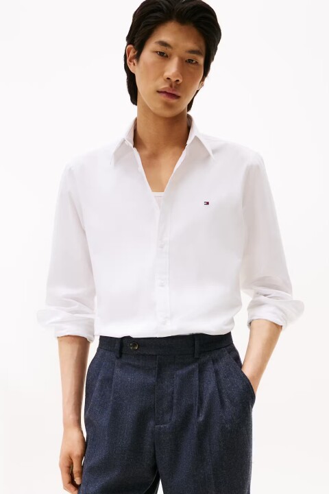 Erkek Poplin Slim Fit Düğmeli Yaka Gömlek - Beyaz - Tommy Hilfiger