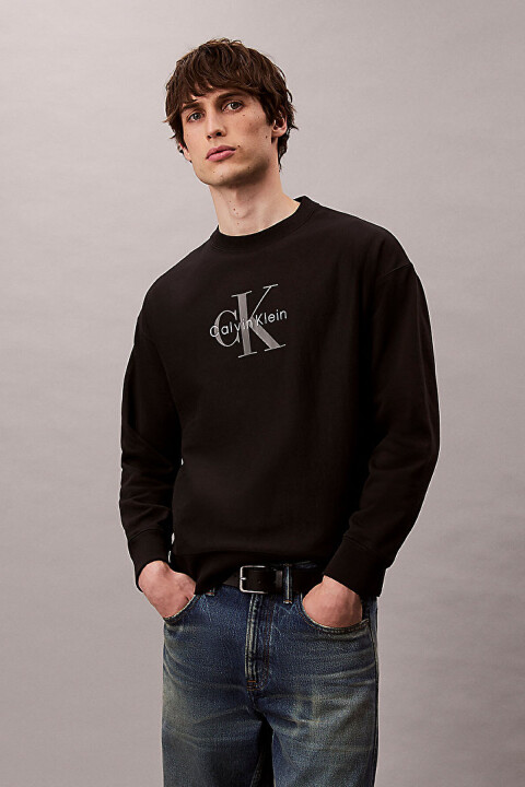 Erkek Premium Terry Monogram Sweatshirt - Siyah - Calvin Klein