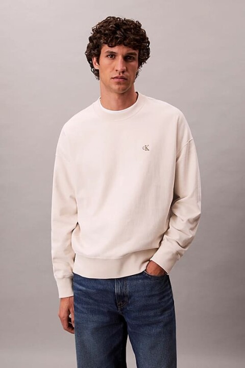 Erkek Rahat Kalıp Bisiklet Yaka Sweatshirt - Ekru - Calvin Klein