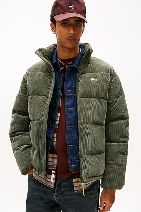 Erkek Rahat Kalıp Fitilli Kadife Şişme Mont - Haki 