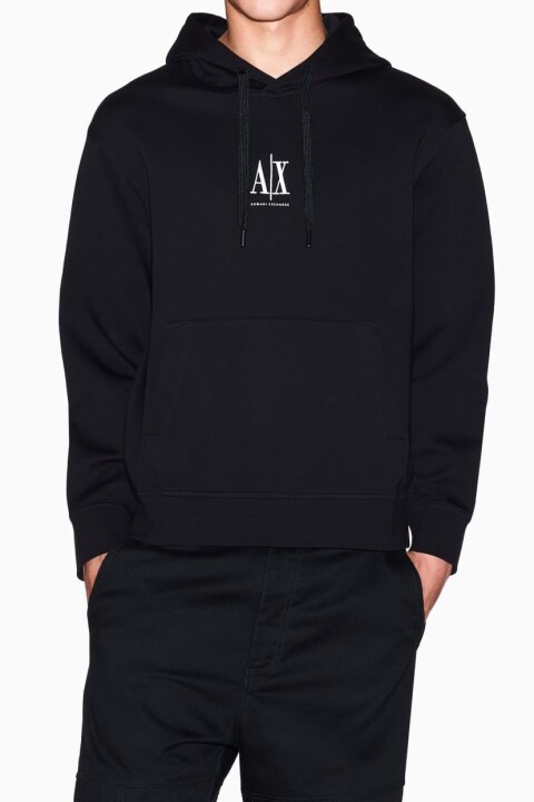 Erkek Rahat Kalıp Kapüşonlu Kanguru Cepli Sweatshirt - Siyah - Armani Exchange