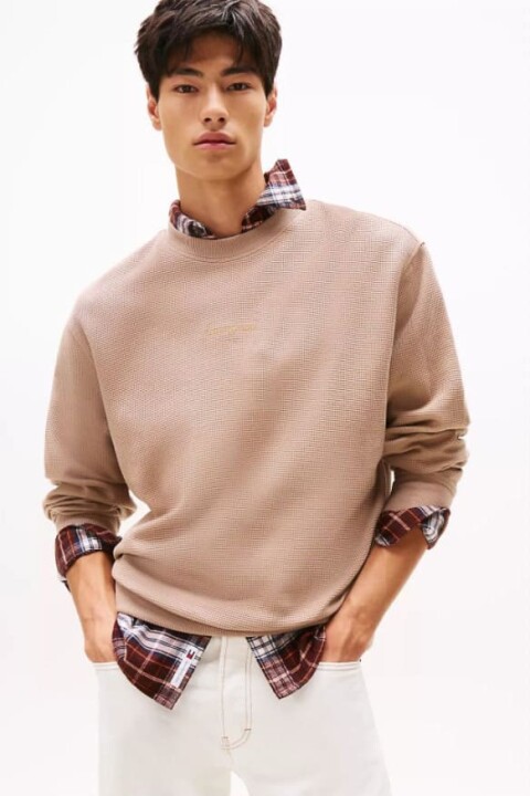 Erkek Rahat Kalıp Waffle Dokulu Sweatshirt - Bej - Tommy Hilfiger