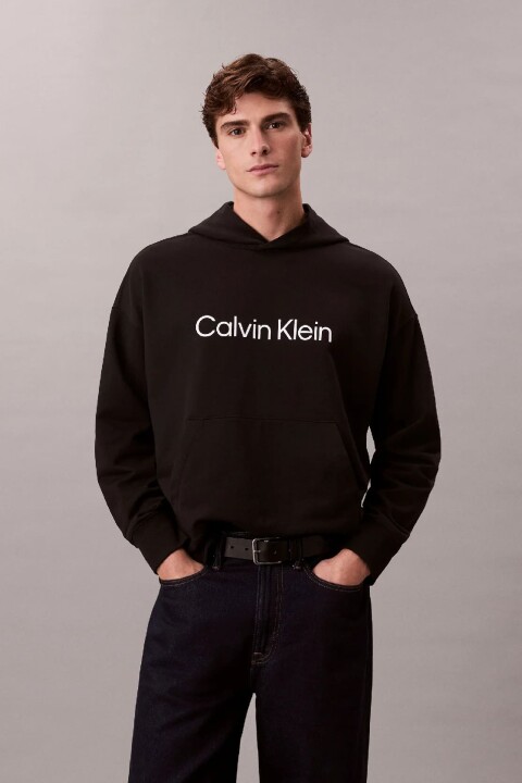 Erkek Rahat Kesim Kapüşonlu Logo Baskılı Sweatshirt - Siyah - Calvin Klein
