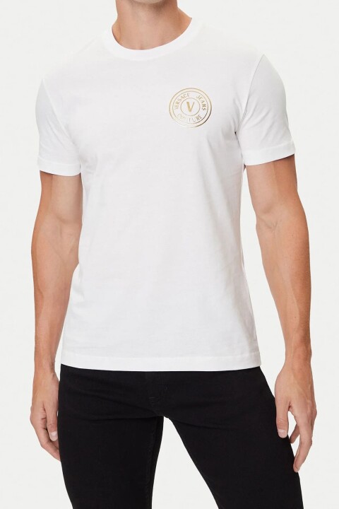 Erkek Regular Fit Altın Rengi Varak Baskı Amblemli Bisiklet Yaka T-Shirt - Beyaz 