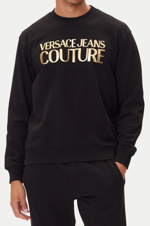 Erkek Regular Fit Altın Rengi Varak Baskı Logolu Bisiklet Yaka Sweatshirt - Siyah - Versace