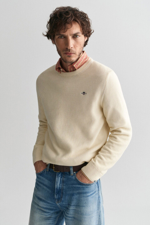 Erkek Regular Fit Bisiklet Yaka Kazak - Krem 