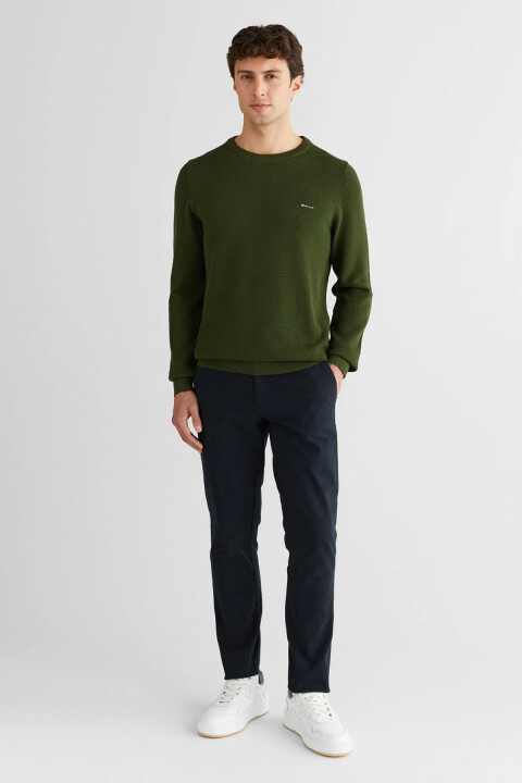 Erkek Regular Fit Bisiklet Yaka Pamuklu Triko - Haki - Gant