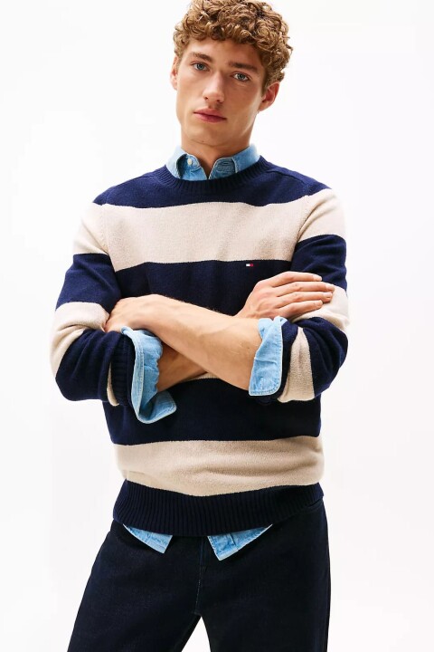 Erkek Regular Fit Çizgili Kuzu Yünü Bisiklet Yaka Kazak - Lacivert/Bej - Tommy Hilfiger
