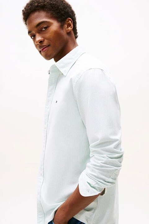 Erkek Regular Fit Çizgili Pamuklu Oxford Gömlek - Yeşil 