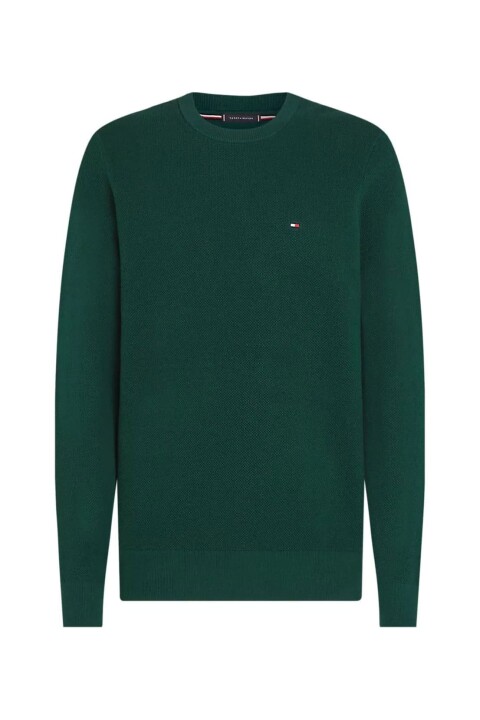 Erkek Regular Fit Dokulu Örgü Bisiklet Yaka Triko Kazak - Koyu Yeşil 