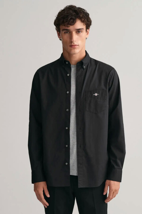 Erkek Regular Fit Düğmeli Yaka Gömlek - Siyah 