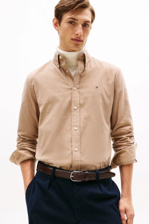 Erkek Regular Fit Düğmeli Yaka Kadife Gömlek - Bej - Tommy Hilfiger