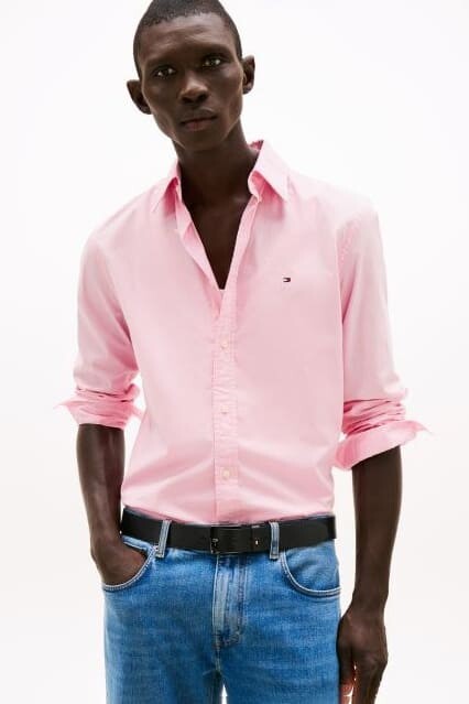 Erkek Regular Fit Düğmeli Yaka Poplin Gömlek - Pembe - Tommy Hilfiger