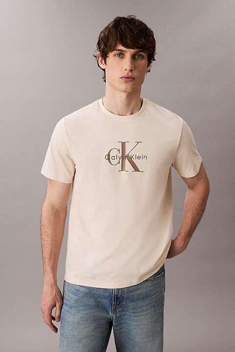 Erkek Regular Fit Grafik Monogram Baskılı T-Shirt - Krem 