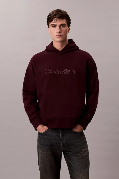 Erkek Regular Fit Kabartma Logolu Kapüşonlu Sweatshirt - Bordo 