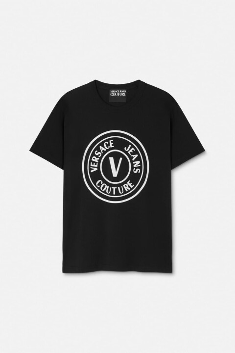 Erkek Regular Fit Kadife Baskı V Amblemli Bisiklet Yaka T-Shirt - Siyah - Versace
