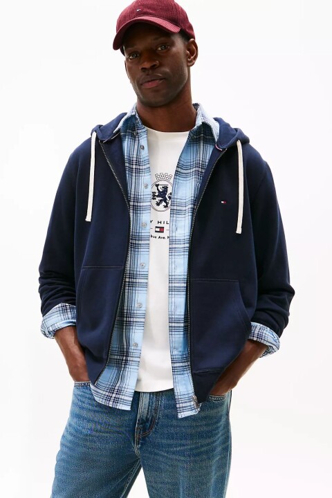 Erkek Regular Fit Kapüşonlu Kanguru Cepli Fermuarlı Sweatshirt - Lacivert - Tommy Hilfiger