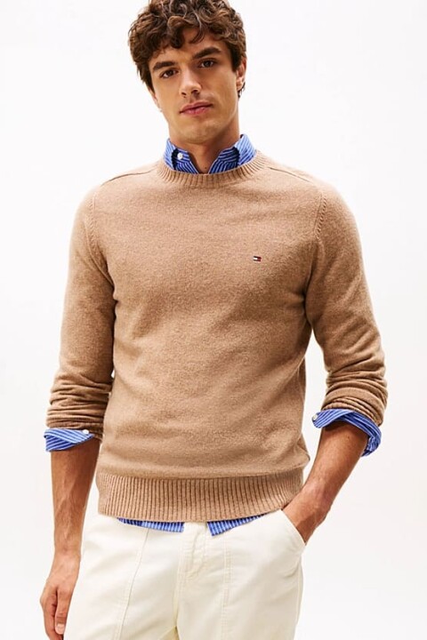 Erkek Regular Fit Kuzu Yünü Bisiklet Yaka Kazak - Bej - Tommy Hilfiger