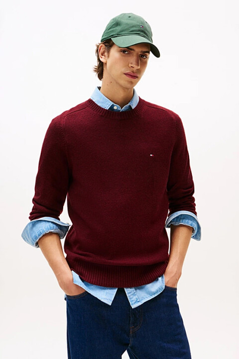 Erkek Regular Fit Kuzu Yünü Bisiklet Yaka Kazak - Bordo - Tommy Hilfiger