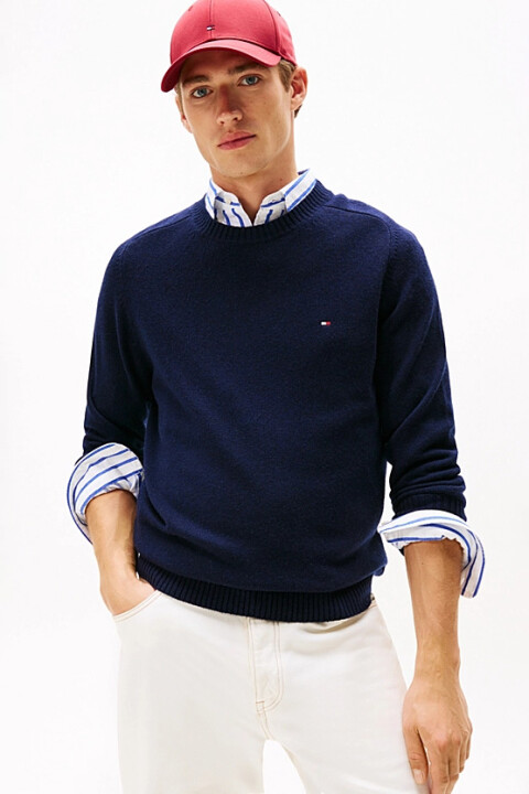 Erkek Regular Fit Kuzu Yünü Bisiklet Yaka Kazak - Lacivert - Tommy Hilfiger