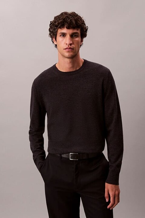 Erkek Regular Fit Merinos Yünü Triko Kazak - Antrasit Melanj - Calvin Klein