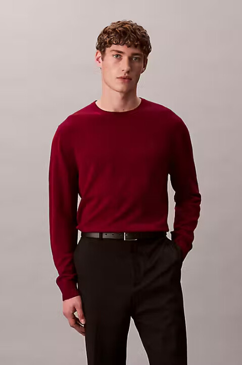 Erkek Regular Fit Merinos Yünü Triko Kazak - Bordo - Calvin Klein
