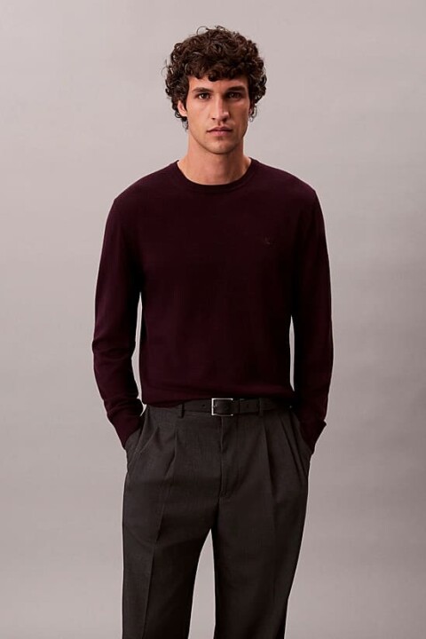 Erkek Regular Fit Merinos Yünü Triko Kazak - Koyu Bordo - Calvin Klein