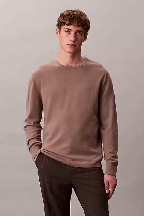 Erkek Regular Fit Merinos Yünü Triko Kazak - Vizon - Calvin Klein