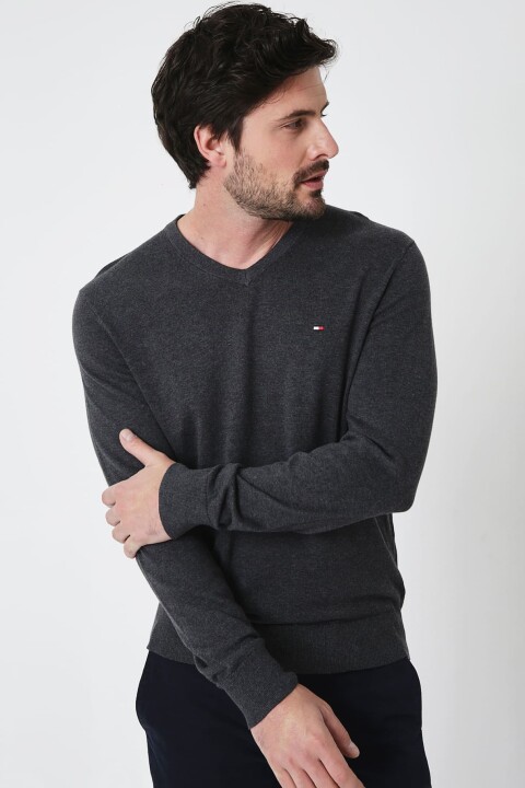 Erkek Regular Fit V Yaka Pamuklu Triko Kazak - Antrasit - Tommy Hilfiger