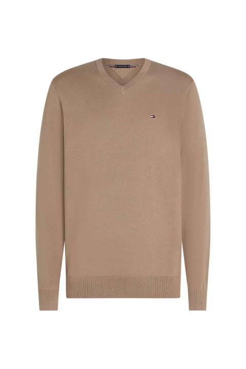 Erkek Regular Fit V Yaka Pamuklu Triko Kazak - Bej - Tommy Hilfiger