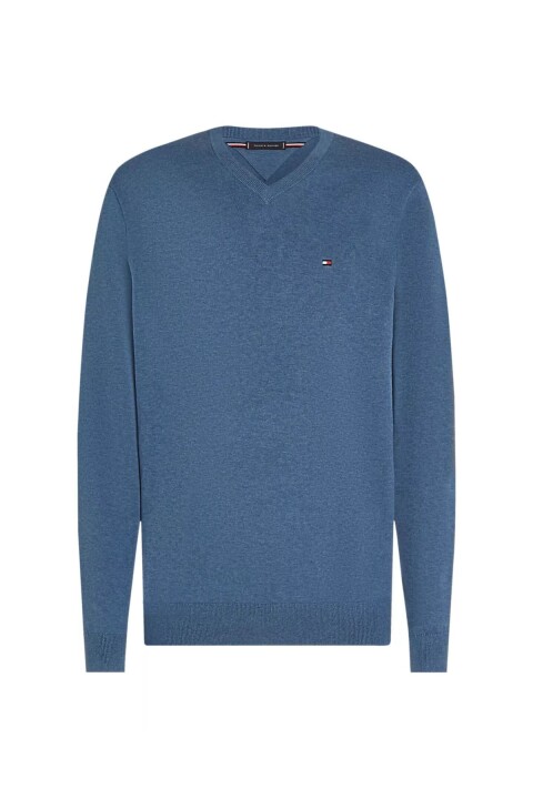 Erkek Regular Fit V Yaka Pamuklu Triko Kazak - Mavi - Tommy Hilfiger