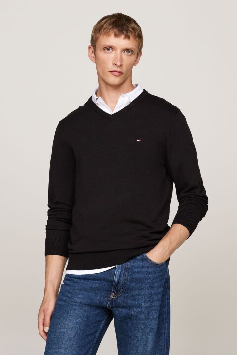 Erkek Regular Fit V Yaka Pamuklu Triko Kazak - Siyah - Tommy Hilfiger