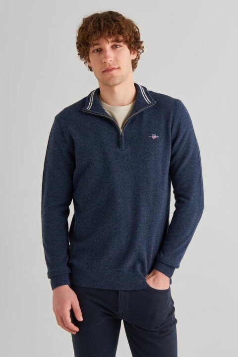 Erkek Regular Fit Yarım Fermuarlı Yün Kazak - Lacivert - Gant