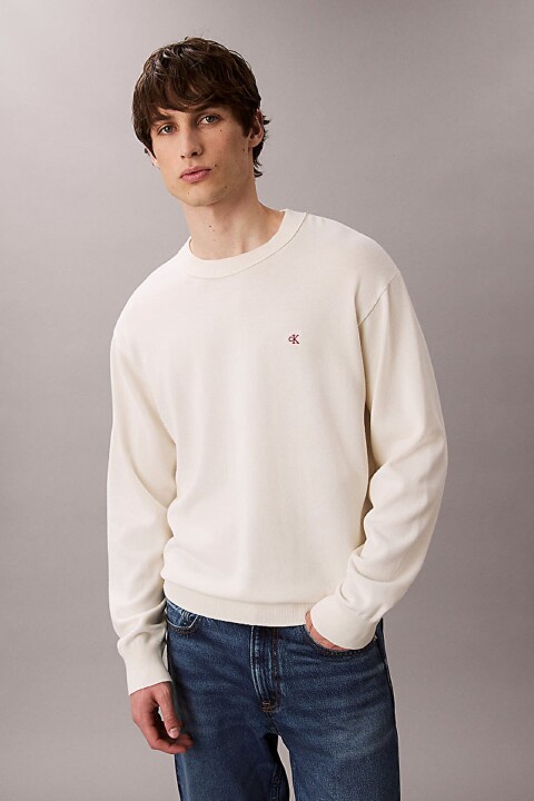 Erkek Relaxed Fit Monogram Nakışlı Bisiklet Yaka Kazak - Krem 