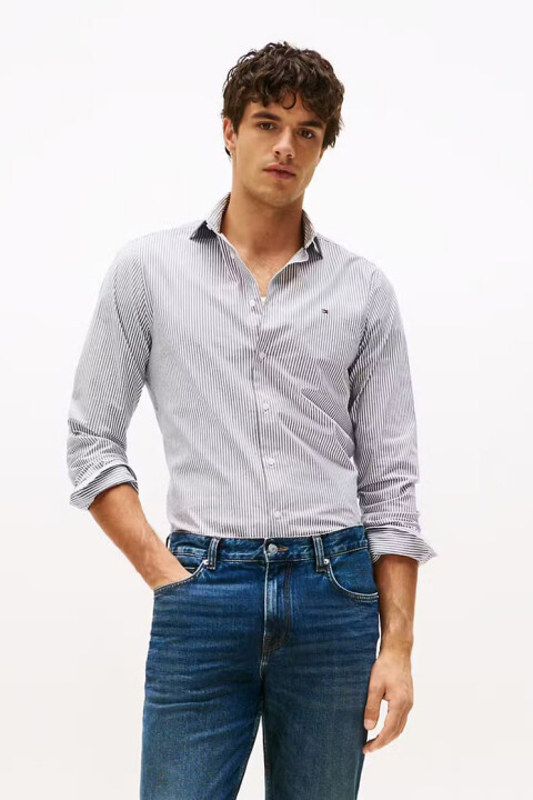 Erkek Slim Fit Çizgili Gömlek - Lacivert/Beyaz - Tommy Hilfiger