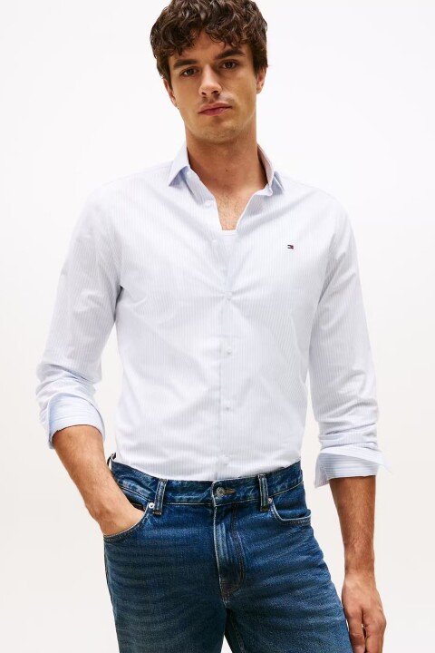 Erkek Slim Fit Çizgili Gömlek - Mavi/Beyaz 