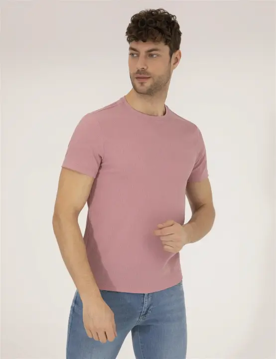 Erkek Slim Fit Dokulu Bisiklet Yaka Tişört-Gül Kurusu 