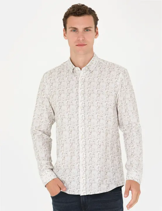 Erkek Slim Fit Uzun Kollu Gömlek - Haki - PİERRE CARDİN