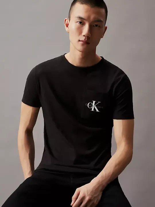 Erkek Slim Monogram Pocket T-Shirt - Siyah 
