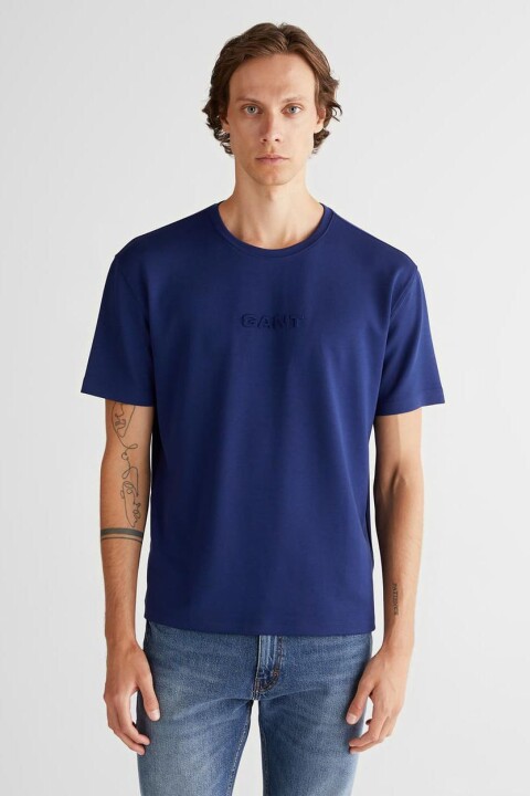 Erkek Tam Kalıp Bisiklet Yaka Tonal Logolu T-Shirt - Lacivert - Gant