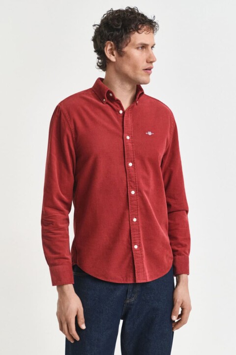 Erkek Tam Kalıp Düğmeli Yaka Kadife Gömlek - Kiremit 