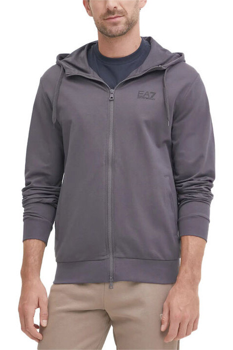 Erkek Tam Kalıp Fermuarlı Kapüşonlu Sweatshirt - Füme - Ea7