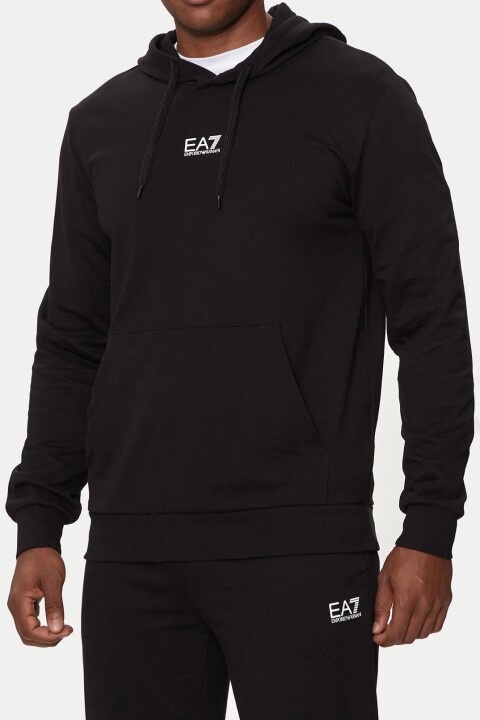 Erkek Tam Kalıp Kapüşonlu Kanguru Cepli Sweatshirt - Siyah - Ea7
