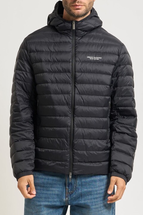 Erkek Tam Kalıp Kapüşonlu Logolu Şişme Mont - Siyah - Armani Exchange