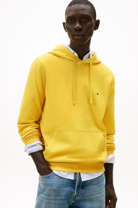 Erkek Tam Kalıp Kapüşonlu Uzun Kollu Kanguru Cepli Sweatshirt - Sarı 