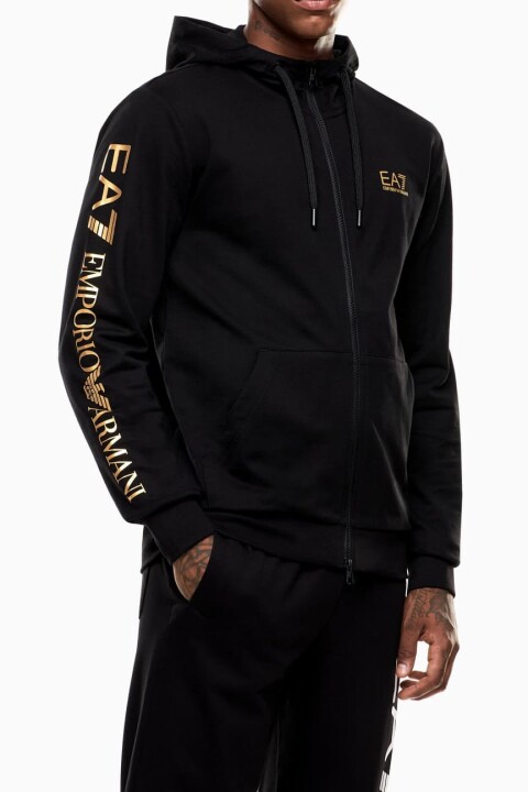 Erkek Tam Kalıp Kolu Büyük Logolu Fermuarlı Kapüşonlu Sweatshirt - Siyah/Altın 