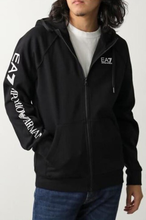 Erkek Tam Kalıp Kolu Logolu Fermuarlı Kapüşonlu Sweatshirt - Siyah - Ea7